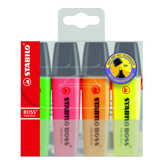 Picture of Stabilo Boss 2-5mm Chisel Tip Assorted Highlighters (Wallet of 4)