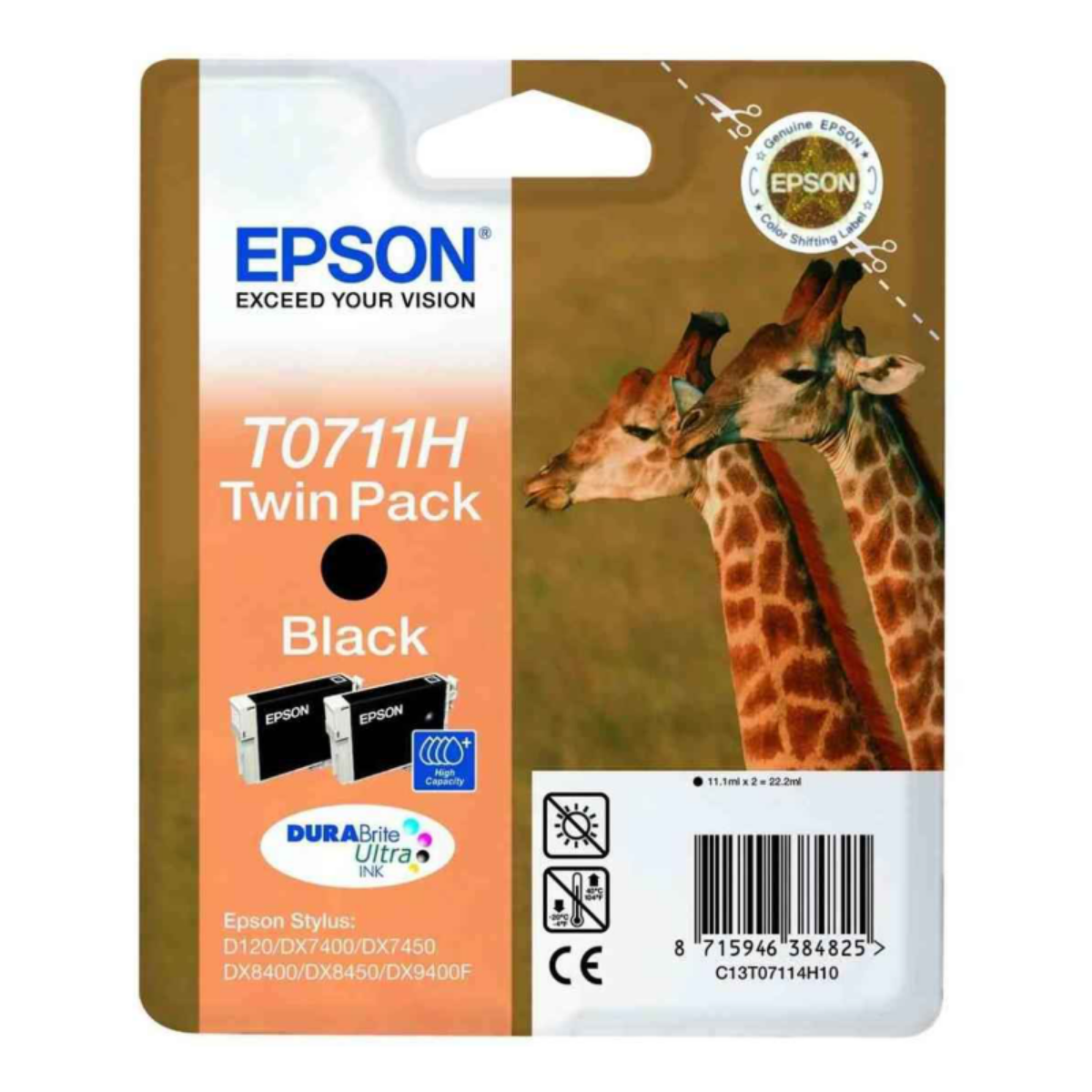 Epson T0711H Giraffe Black High Capacity Ink Cartridge Twinpack 2 x 11ml (Pack 2) - C13T07114H10