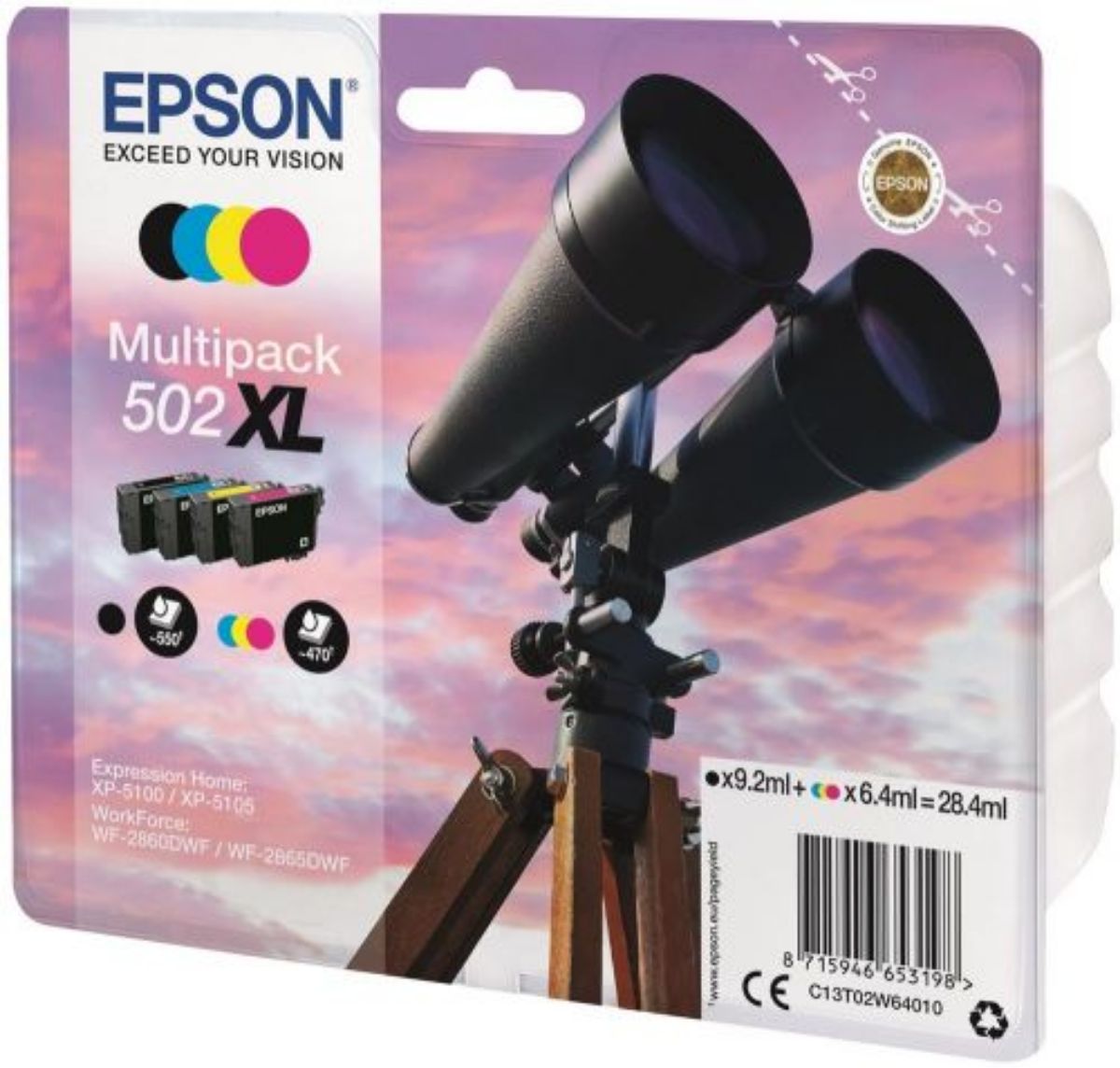 Epson 502XL Binoculars High Yield Ink Cartridge Multipack 9.2ml + 3x 6.4ml (Pack 4) - C13T02W64010