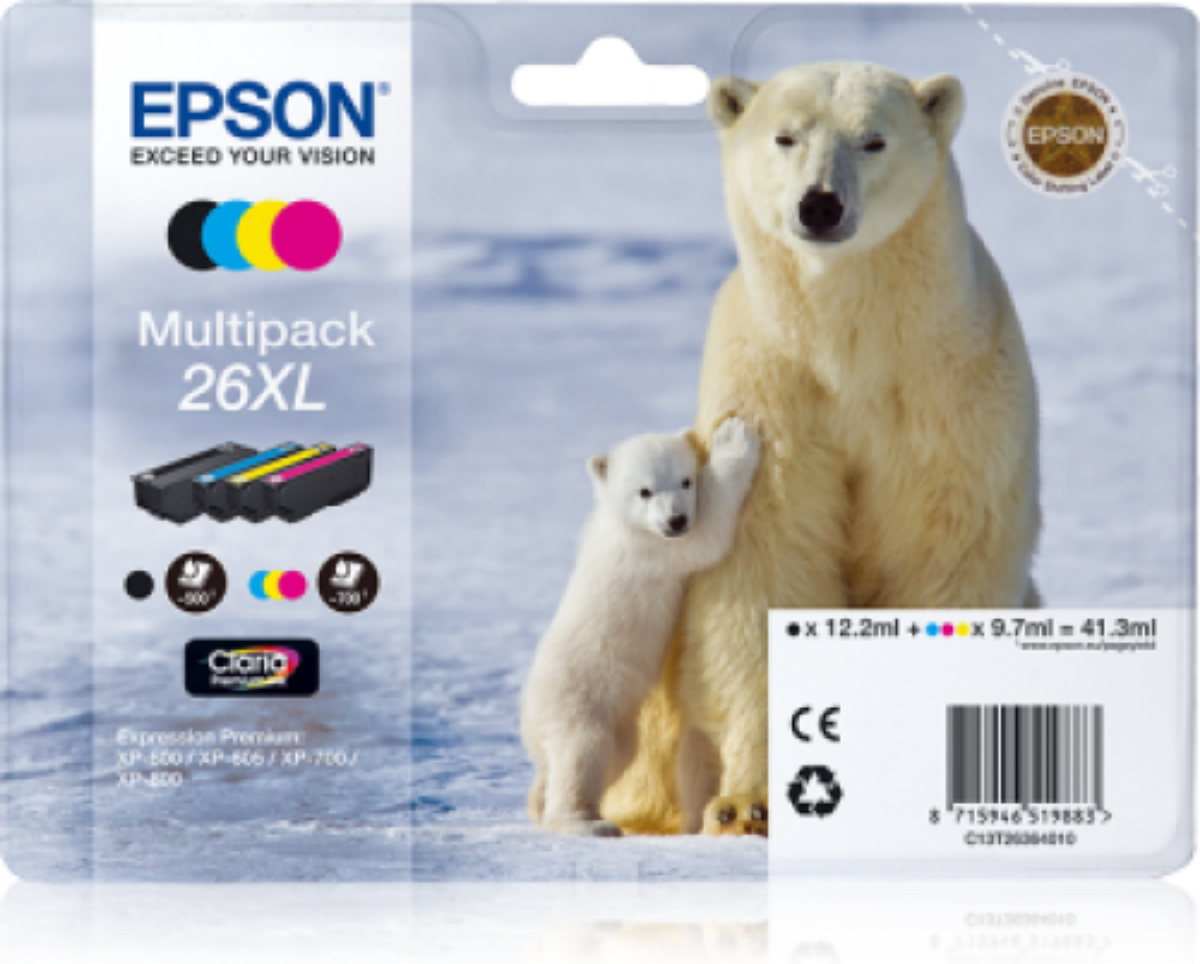 Epson 26XL Polar Bear High Yield Ink Cartridge Multipack 12ml + 3x 10ml (Pack 4) - C13T26364010