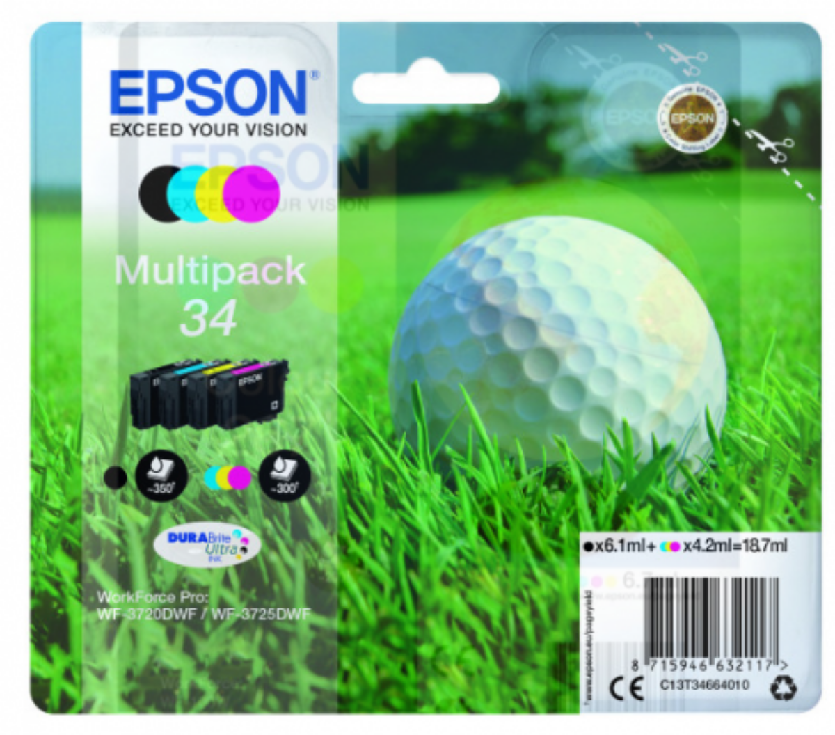 Epson 34 Golf Ball Ink Cartridge Multipack 6ml + 3x 4ml (Pack 4) - C13T34664010