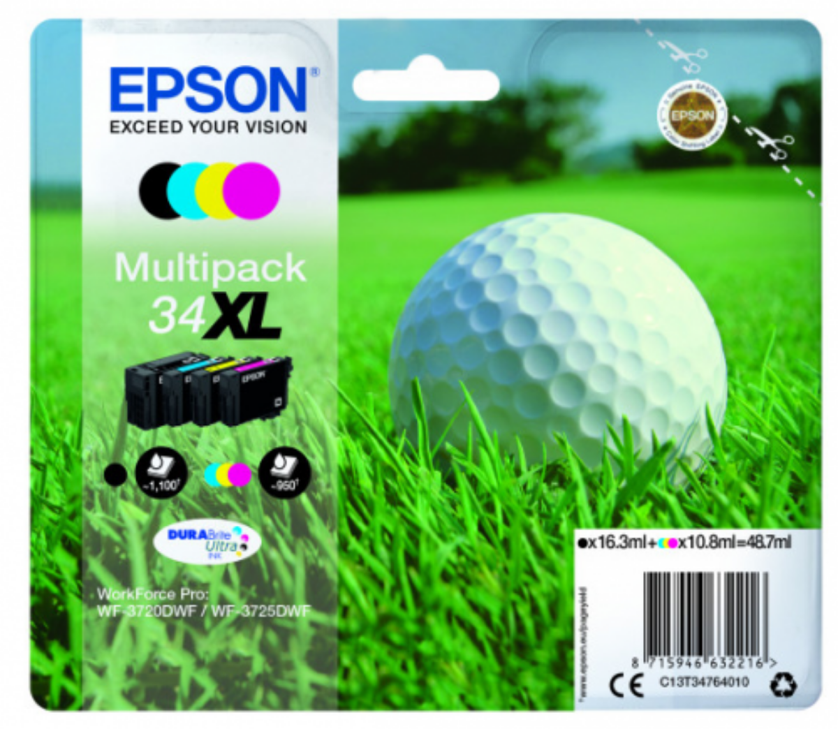 Epson 34XL Golf Ball High Yield Ink Cartridge Multipack 16ml + 3x 11ml (Pack 4) - C13T34764010