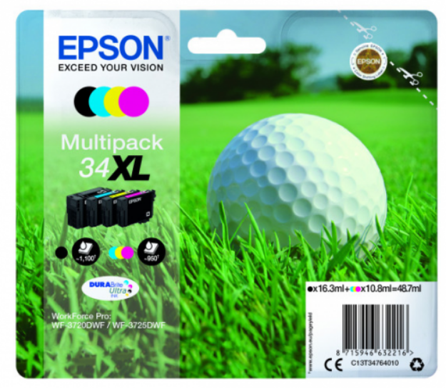 Picture of Epson 34XL Golf Ball High Yield Ink Cartridge Multipack 16ml + 3x 11ml (Pack 4) - C13T34764010