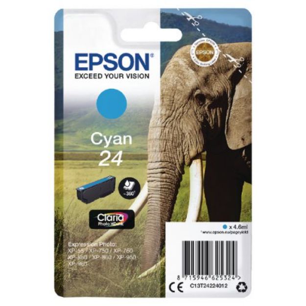 Picture of Epson 24 Elephant Cyan Standard Capacity Ink Cartridge 5ml - C13T24224012