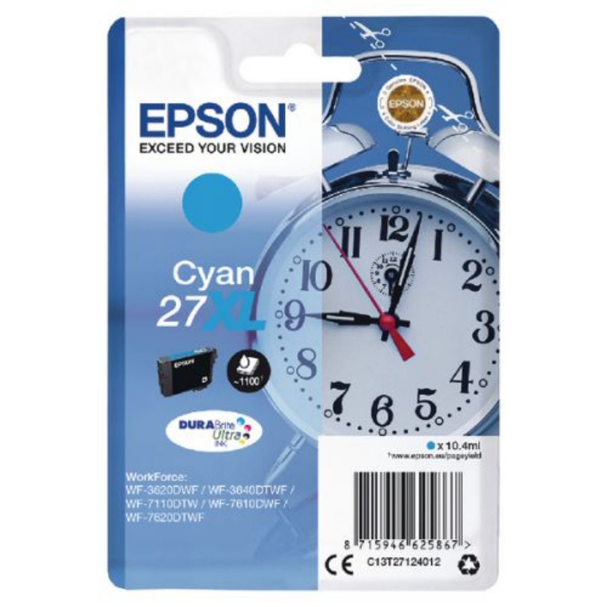 Epson 27XL Alarm Clock Cyan High Yield Ink Cartridge 10ml - C13T27124012
