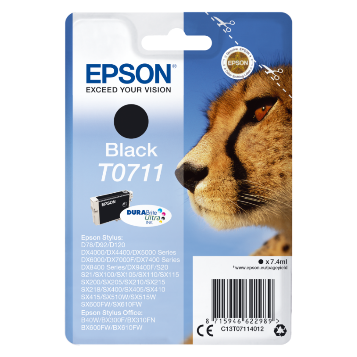 Epson T0711 Cheetah Black Standard Capacity Ink Cartridge 7ml - C13T07114012