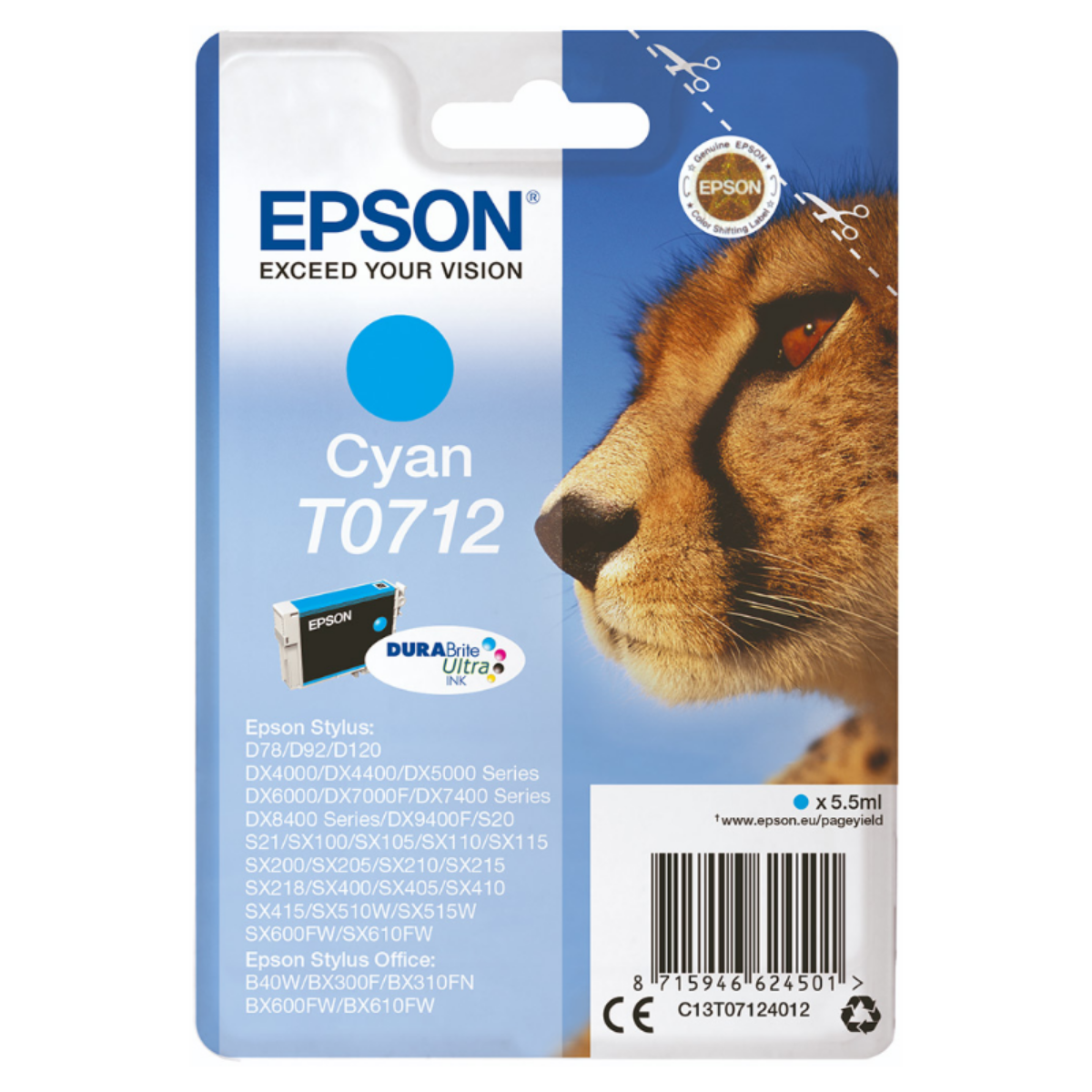 Epson T0712 Cheetah Cyan Standard Capacity Ink Cartridge 6ml - C13T07124012