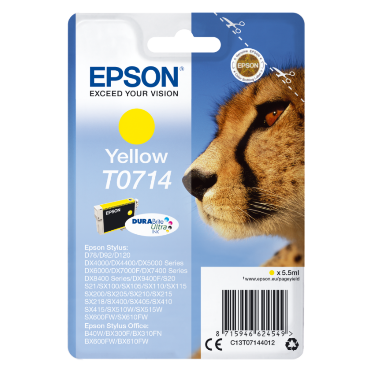 Epson T0714 Cheetah Yellow Standard Capacity Ink Cartridge 6ml - C13T07144012