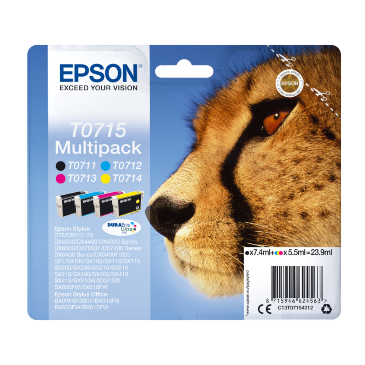 Epson T0715 Cheetah Ink Cartridge Multipack 7.4ml + 3x 5.5ml (Pack 4) - C13T07154012