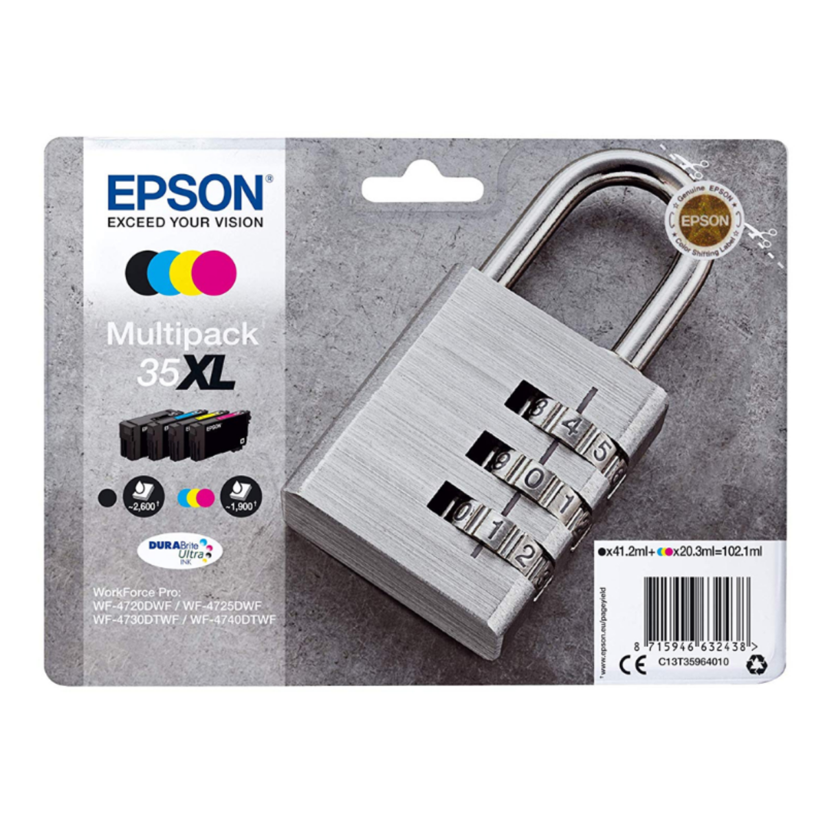 Epson 35XL Padlock High Yield Ink Cartridge Multipack 41ml + 3x 20ml (Pack 4) - C13T35964010
