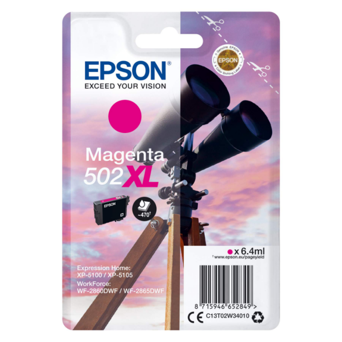Epson 502XL Binoculars Magenta High Yield Ink Cartridge 6ml - C13T02W34010