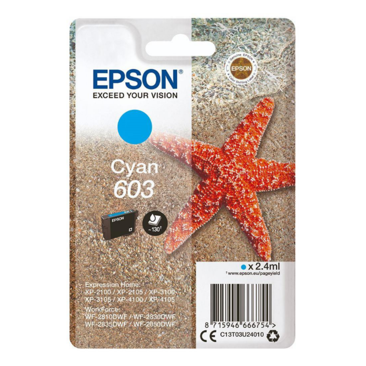 Epson 603 Starfish Cyan Standard Capacity Ink Cartridge 2.4ml - C13T03U24010