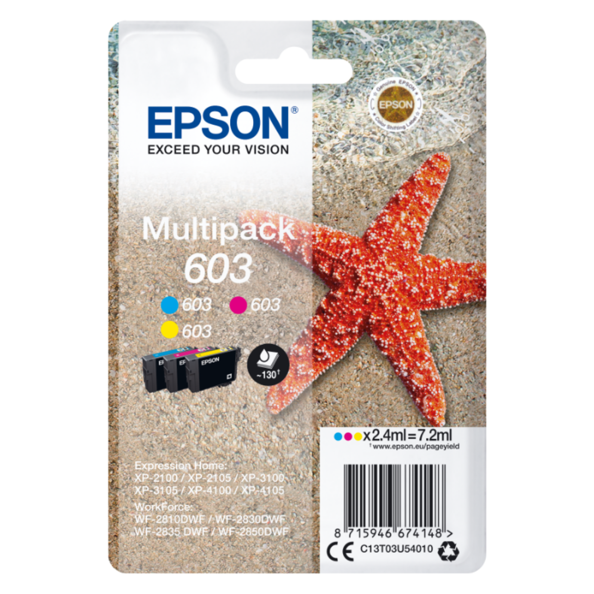 Epson 603 Starfish Colour Multipack 3x 2.4ml (Pack 3) - C13T03U54010