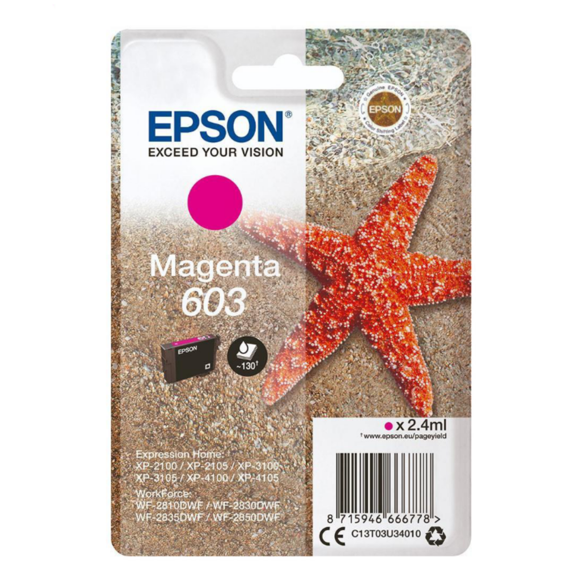 Epson 603 Starfish Magenta Standard Capacity Ink Cartridge 2.4ml - C13T03U34010