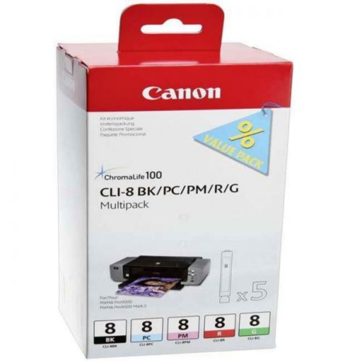 OEM Canon CLI8 Black/Photo Cyan/Photo Magenta/Red/Green Ink Cartridge Multipack 5x 13ml (5 Pack) - 0620B027