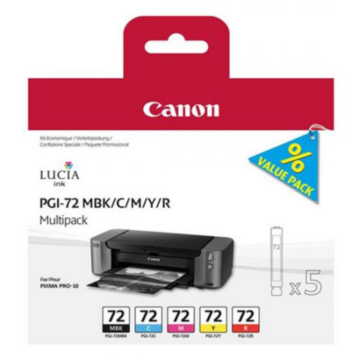 OEM Canon PGI-72 Matte Black/Cyan/Magenta/Yellow/Red Ink Cartridge Multipack 5x 14ml (5 Pack) - 6402B009