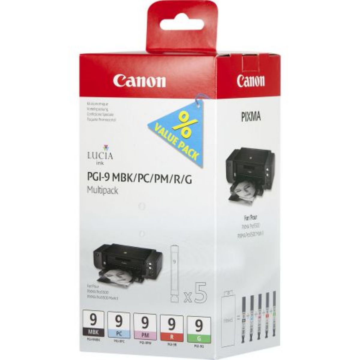 OEM Canon PGI-9 Green/Matte Black/Red/Photo Cyan/Photo Magenta Ink Cartridge Multipack 5x 14ml (5 Pack) - 1033B013
