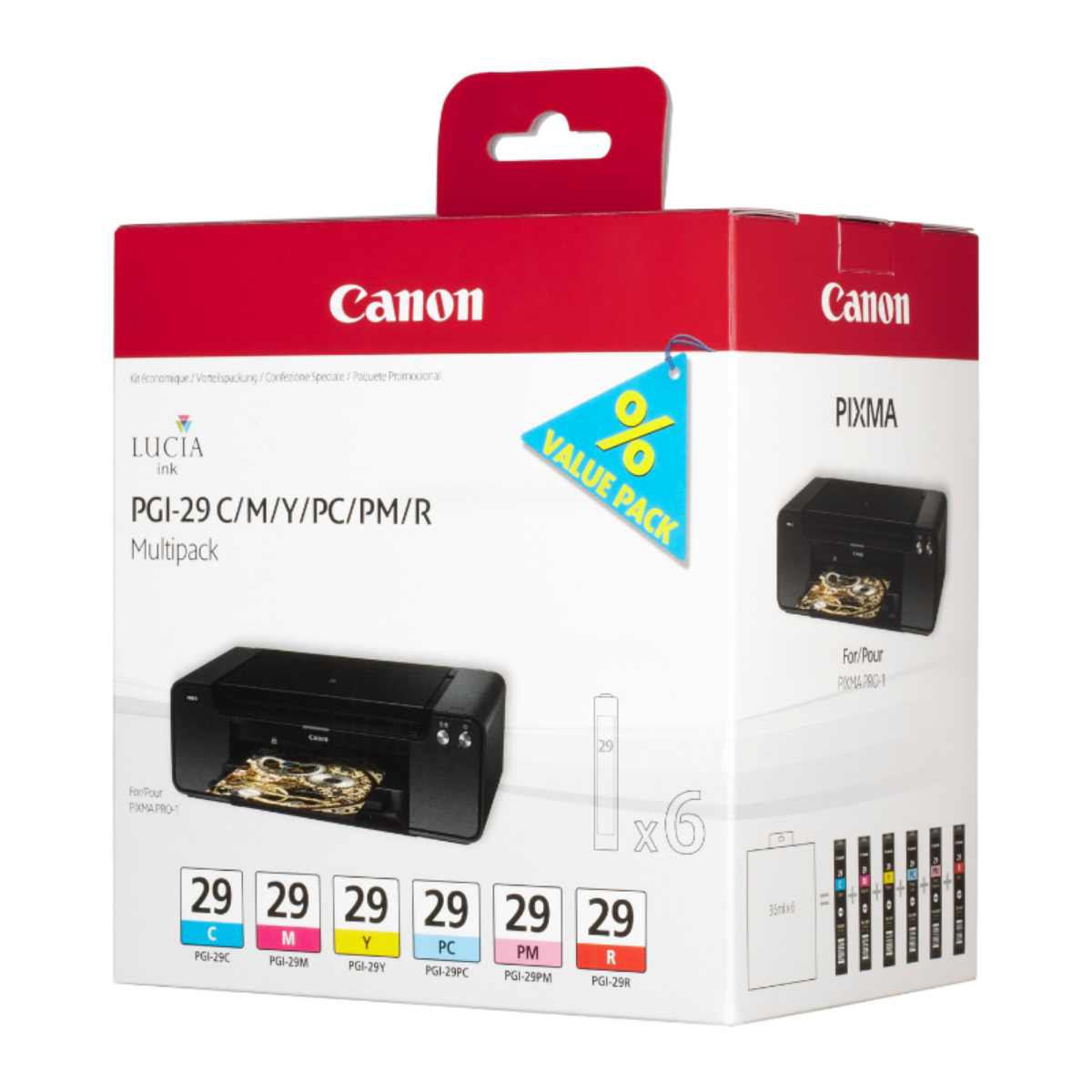 Canon PGI-29 Cyan/Magenta/Yellow/Photo Cyan/Photo Magenta/Red Standard Capacity Ink Cartridge Multipack 6x 9ml (6 Pack) - 4873B005