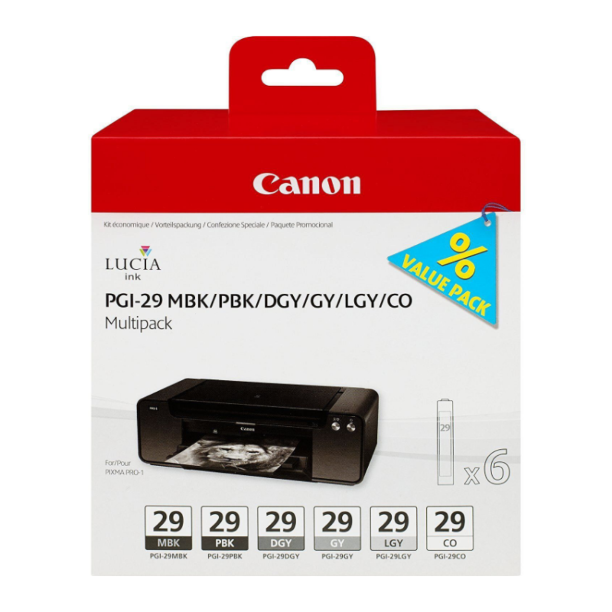 Canon PGI-29 Black/Grey/Dark Grey/Light Grey/Matte Black/Photo Black Standard Capacity Ink Cartridge Multipack 6x 36ml (6 Pack) - 4868B018