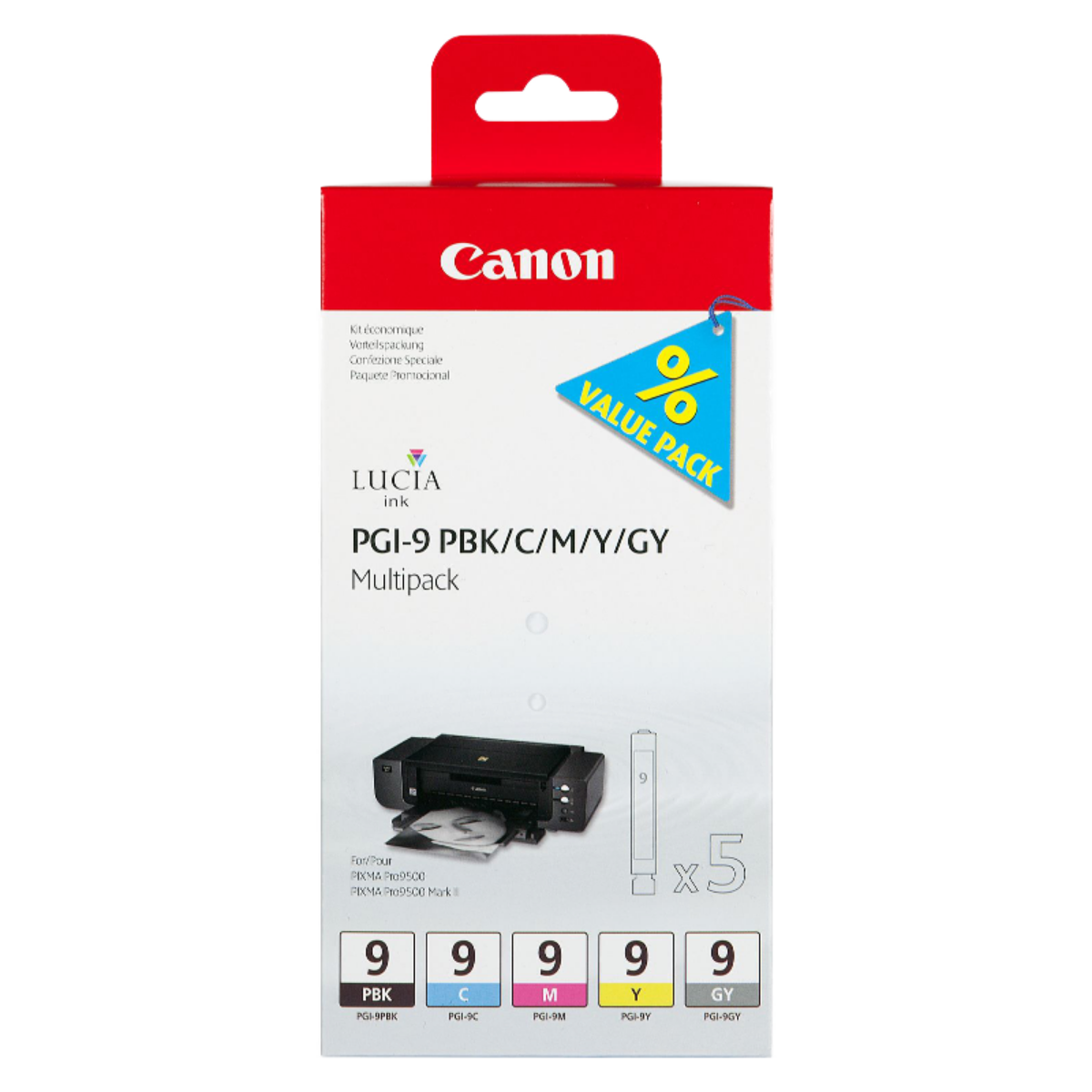 Canon PGI-9 Photo Black/Cyan/Grey/Magenta/Yellow Standard Capacity Ink Cartridge Multipack 5x 14ml (5 Pack) - 1034B013