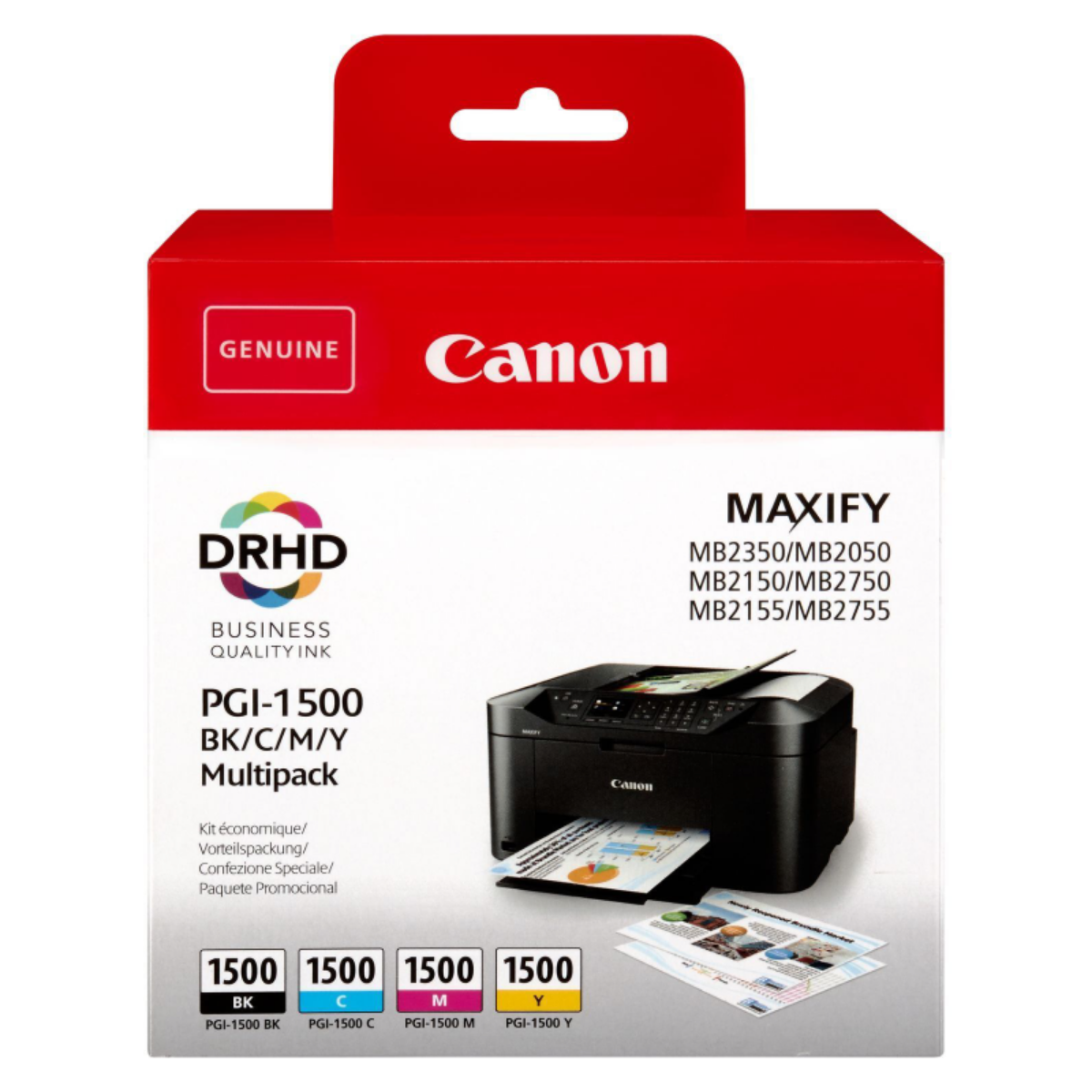 Canon PGI-1500 Black/Cyan/Magenta/Yellow Standard Capacity Ink Cartridge Multipack 12.4ml + 3x 4.5ml (4 Pack) - 9218B005