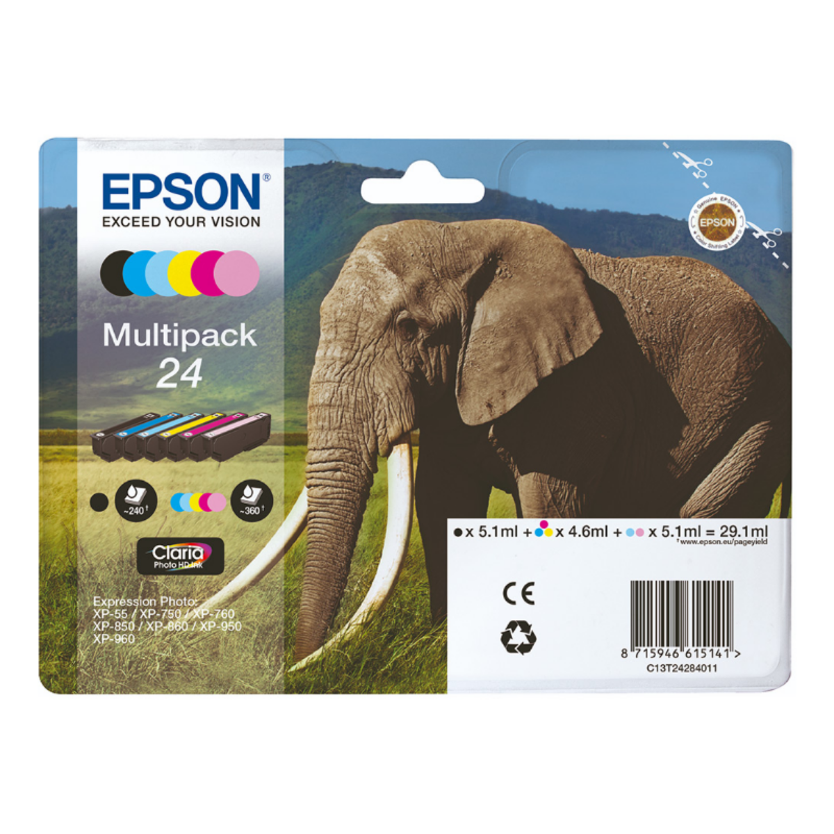 Epson 24 Elephant Ink Multipack 5.1ml + 5x 4.6ml (6 Pack) - C13T24284011