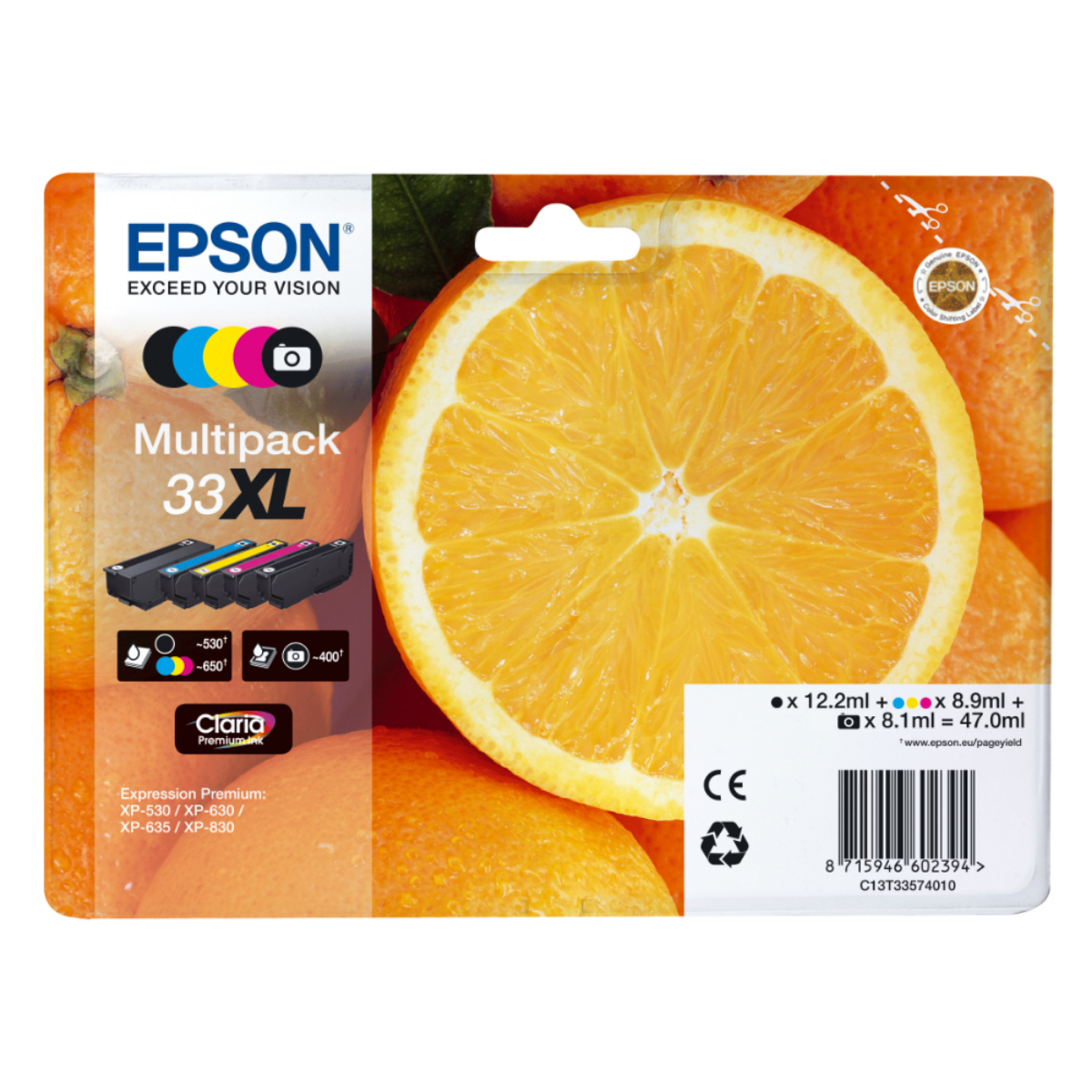 Epson 33XL Oranges High Yield Ink Cartridge Multipack 2x 12.2ml + 8.1ml + 2x 8.9ml (5 Pack) - C13T33574011