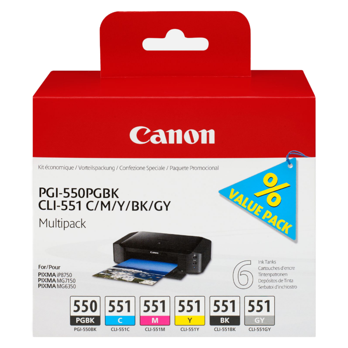 Canon PGI-550/CLI-551 BK/PBK/C/M/Y/GY Standard Capacity Multipack (6 Pack)