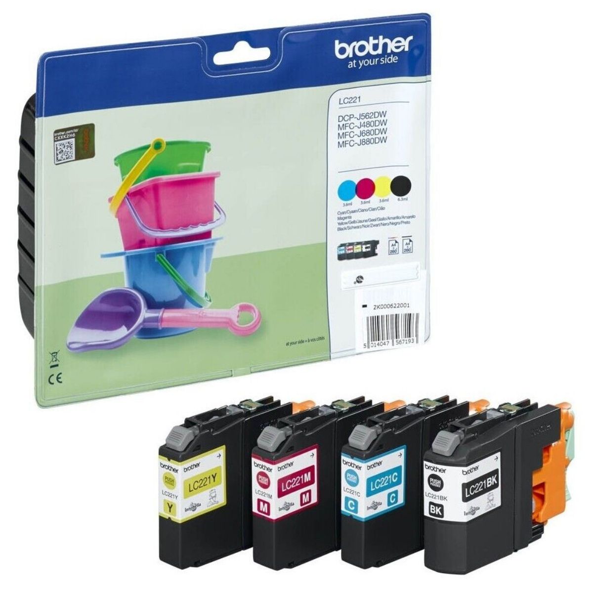 Brother Black Cyan Magenta Yellow Standard Capacity Ink Cartridge Multipack 7ml + 3 x 4ml (Pack 4) - LC221VALBP