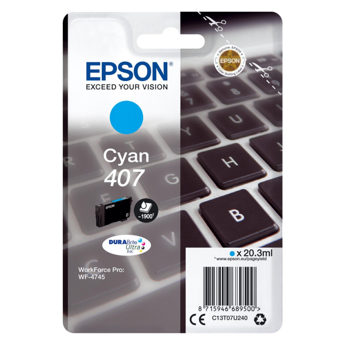 Genuine Epson 407 Cyan Ink Cartridge
